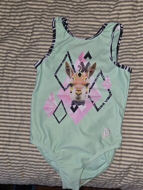Mint Green Girls' One-Piece Swimsuit with Pink Zebra Graphic